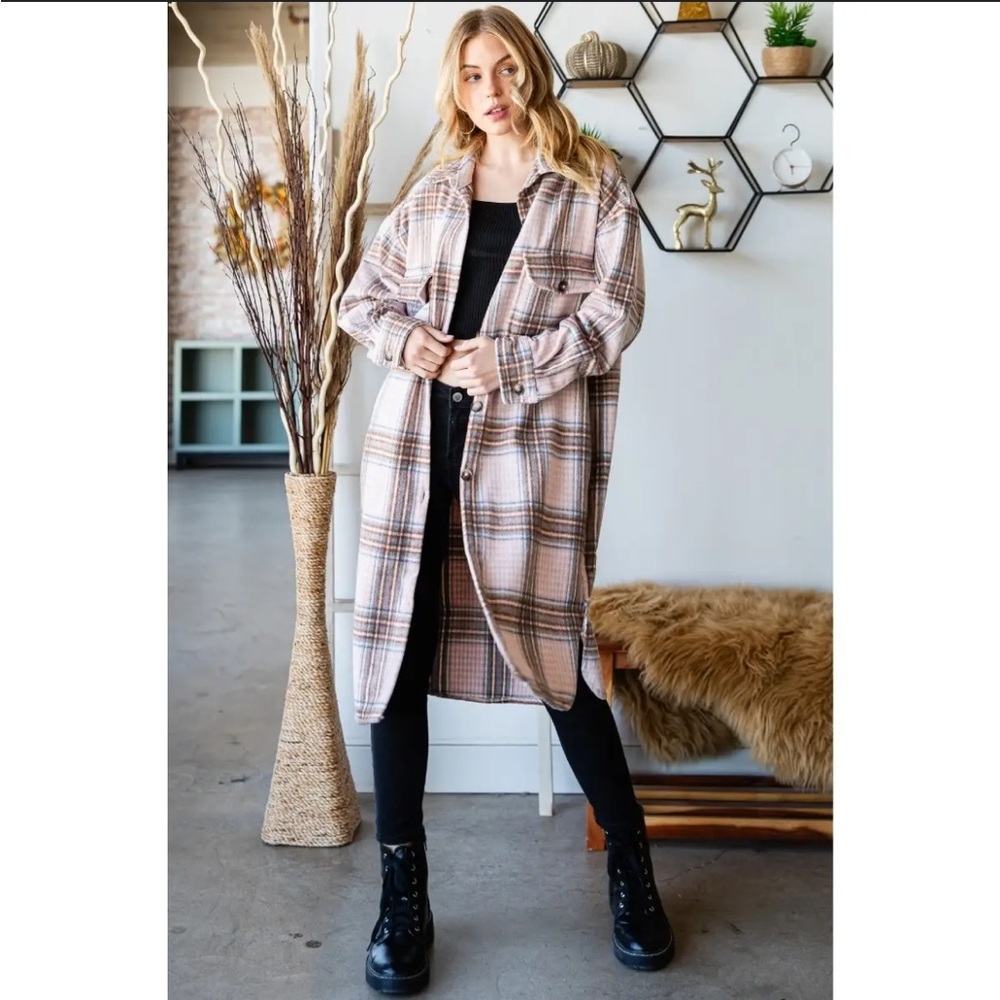 Veveret Plaid long trench flannel - Beige and Brown